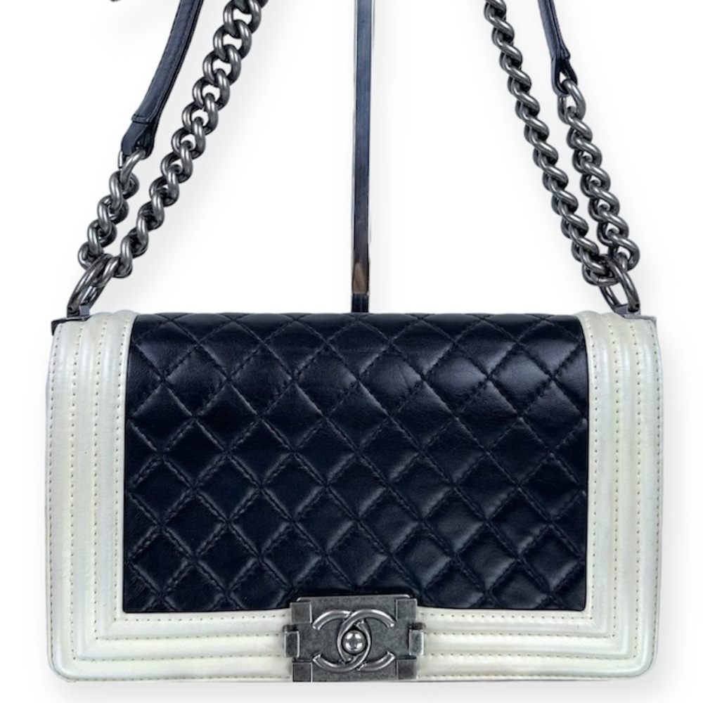 CHANEL BOY Black and Ivory White Quilted Lamb Leather Shoulder Bag, Medium Size